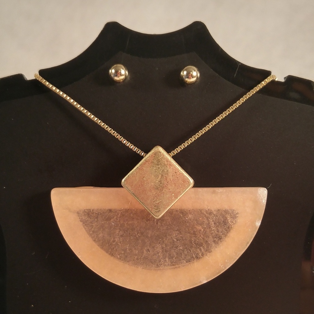 Necklace earring set gold pink moonstone pendant
